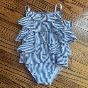 Baby Boden Girls Blue & White Striped Ruffle One-Piece Swimsuit size 12-18 month
